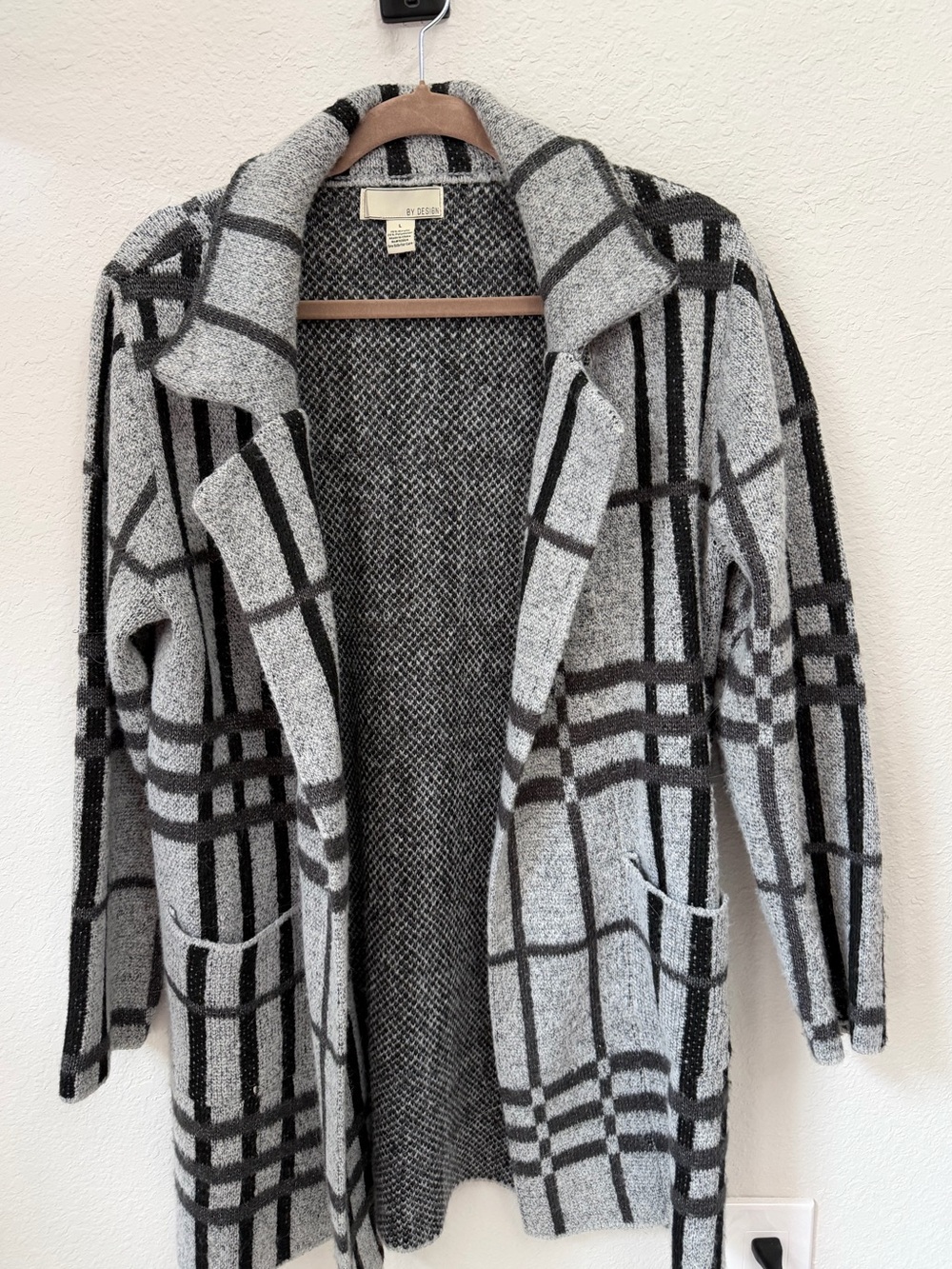Open-Front Plaid Knit Cardigan Sweater - Gray/Black